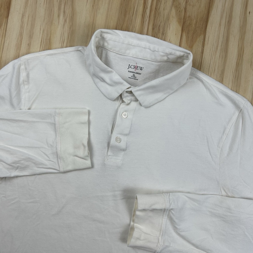 J Crew Mens XL White Sueded Jersey Long Sleeve Polo Shirt 100% Cotton